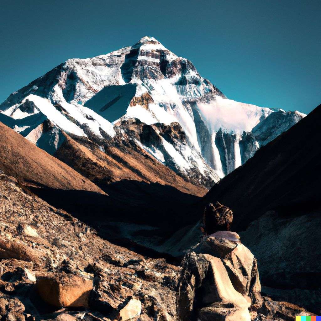 someone gazing at Mount Everest, photograph, taken from a low angle